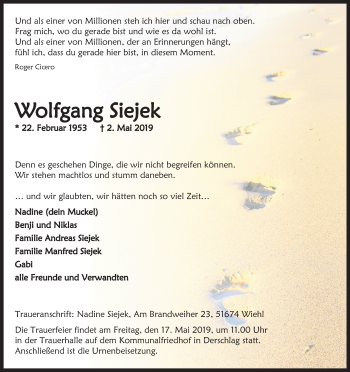 Anzeige von Wolfgang Siejek von Kölner Stadt-Anzeiger / Kölnische Rundschau / Express