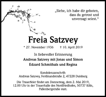 Anzeige von Freia Satzvey von Kölner Stadt-Anzeiger / Kölnische Rundschau / Express
