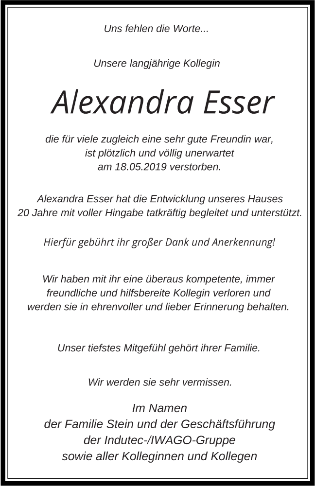  Traueranzeige für Alexandra Esser vom 08.06.2019 aus  Sonntags-Post 
