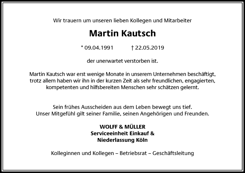  Traueranzeige für Martin Kautsch vom 03.06.2019 aus Kölner Stadt-Anzeiger / Kölnische Rundschau / Express