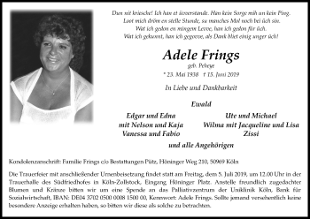 Anzeige von Adele Frings von Kölner Stadt-Anzeiger / Kölnische Rundschau / Express