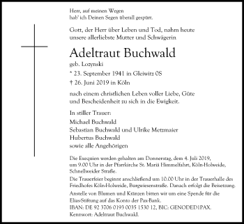 Anzeige von Adeltraut Buchwald von Kölner Stadt-Anzeiger / Kölnische Rundschau / Express