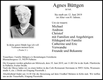 Anzeige von Agnes Büttgen von Kölner Stadt-Anzeiger / Kölnische Rundschau / Express