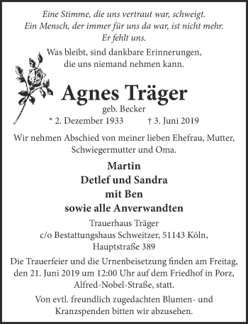 Anzeige von Agnes Träger von  Kölner Wochenspiegel 