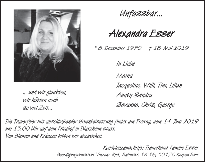  Traueranzeige für Alexandra Esser vom 05.06.2019 aus  Werbepost 