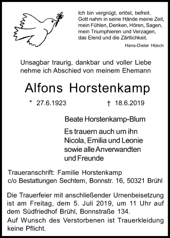 Anzeige von Alfons Horstenkamp von Kölner Stadt-Anzeiger / Kölnische Rundschau / Express