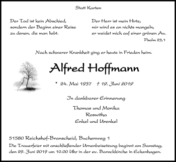 Anzeige von Alfred Hoffmann von Kölner Stadt-Anzeiger / Kölnische Rundschau / Express