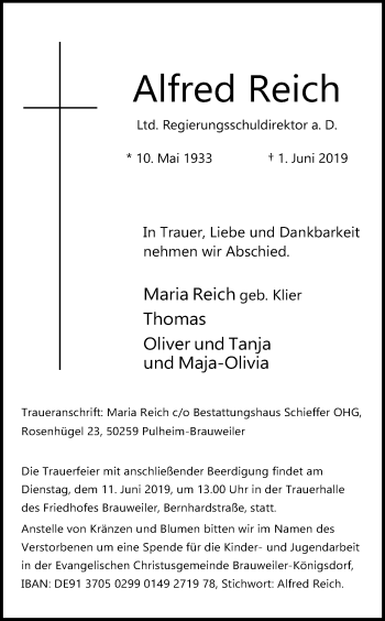 Anzeige von Alfred Reich von Kölner Stadt-Anzeiger / Kölnische Rundschau / Express