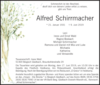 Anzeige von Alfred Schirrmacher von Kölner Stadt-Anzeiger / Kölnische Rundschau / Express