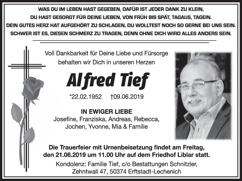  Traueranzeige für Alfred Tief vom 15.06.2019 aus  Sonntags-Post 