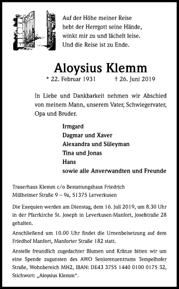 Anzeige von Aloysius Klemm von Kölner Stadt-Anzeiger / Kölnische Rundschau / Express