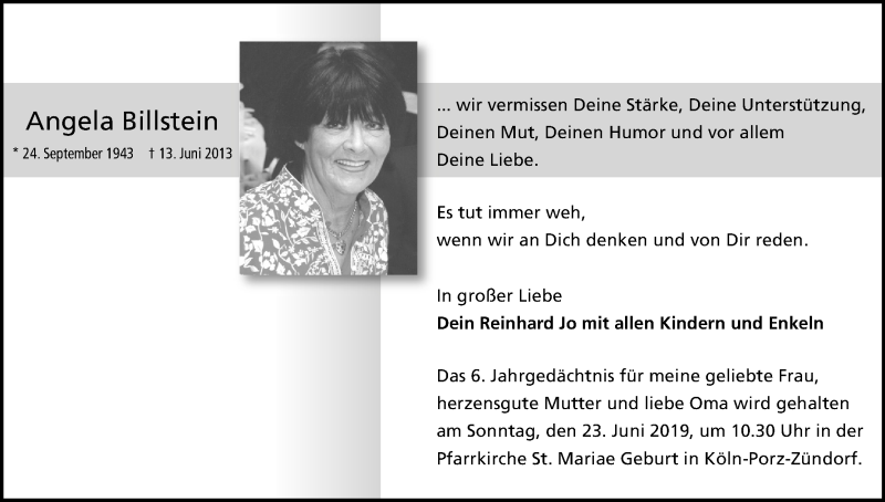  Traueranzeige für Angela Billstein vom 18.07.2023 aus Kölner Stadt-Anzeiger / Kölnische Rundschau / Express