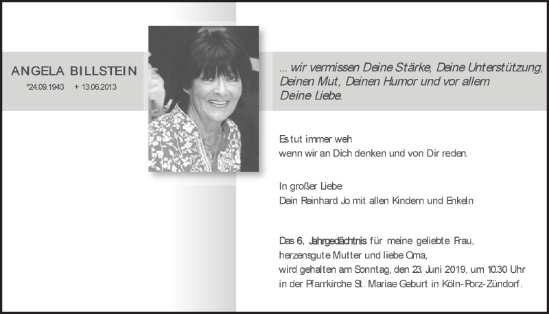  Traueranzeige für Angela Billstein vom 18.07.2023 aus  Kölner Wochenspiegel 