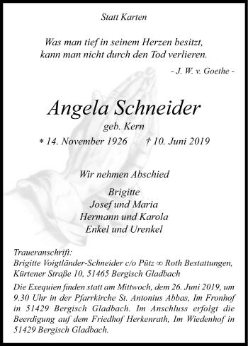 Anzeige von Angela Schneider von Kölner Stadt-Anzeiger / Kölnische Rundschau / Express