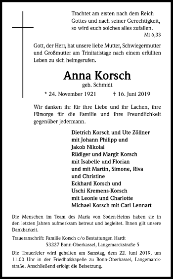 Anzeige von Anna Korsch von Kölner Stadt-Anzeiger / Kölnische Rundschau / Express