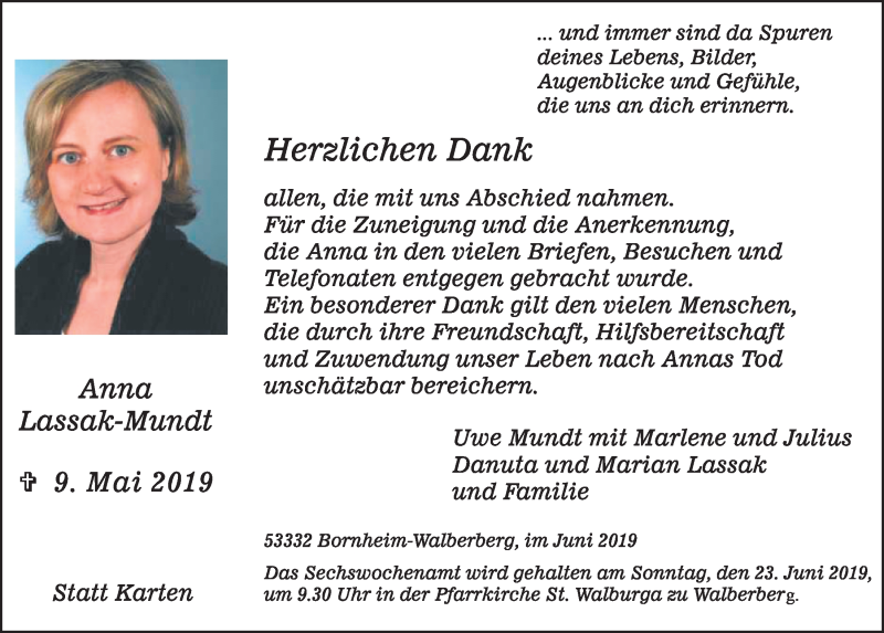  Traueranzeige für Anna Lassak-Mundt vom 19.06.2019 aus  Schaufenster/Blickpunkt  Schlossbote/Werbekurier 