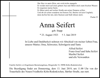 Anzeige von Anna Seifert von Kölner Stadt-Anzeiger / Kölnische Rundschau / Express