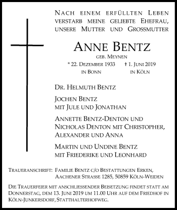 Anzeige von Anne Bentz von Kölner Stadt-Anzeiger / Kölnische Rundschau / Express