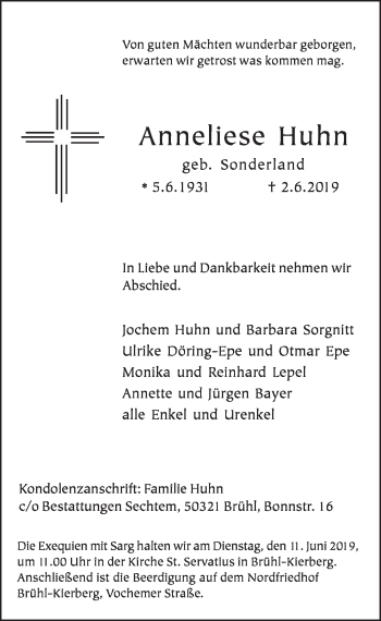 Anzeige von Anneliese Huhn von  Schlossbote/Werbekurier 