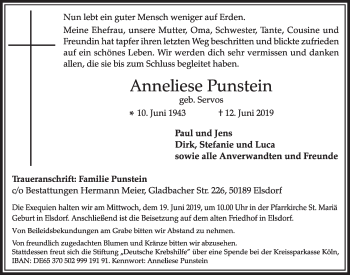 Anzeige von Anneliese Punstein von  Sonntags-Post 