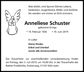 Anzeige von Anneliese Schuster von Kölner Stadt-Anzeiger / Kölnische Rundschau / Express