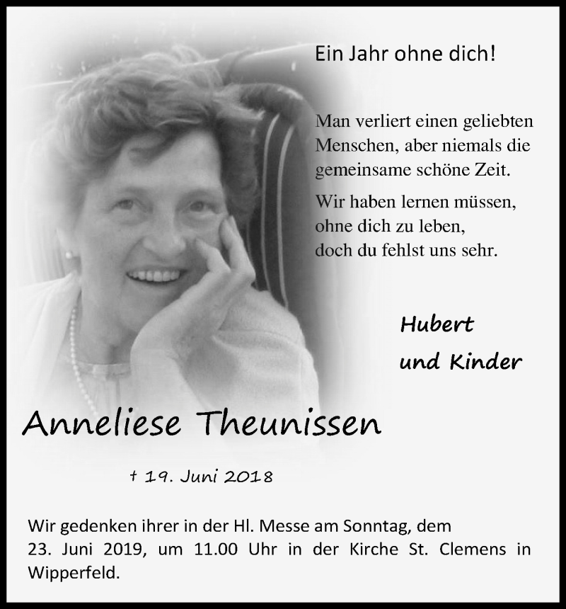  Traueranzeige für Anneliese Theunissen vom 19.06.2019 aus Kölner Stadt-Anzeiger / Kölnische Rundschau / Express