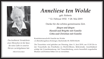 Anzeige von Anneliese ten Wolde von  Wochenende 