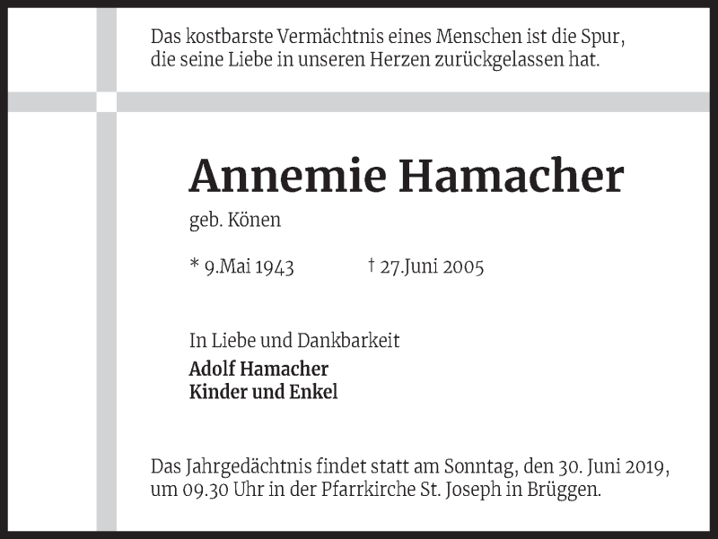  Traueranzeige für Annemie Hamacher vom 18.07.2023 aus Kölner Stadt-Anzeiger / Kölnische Rundschau / Express
