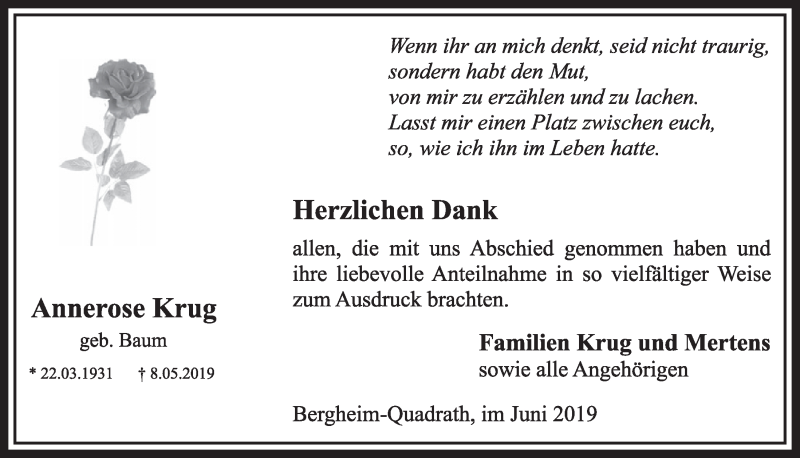  Traueranzeige für Annerose Krug vom 15.06.2019 aus  Sonntags-Post 