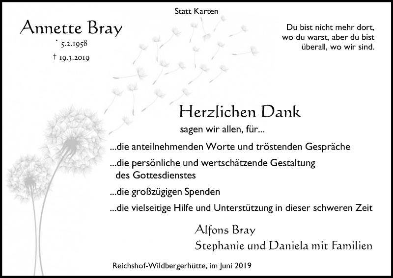  Traueranzeige für Annette Bray vom 08.06.2019 aus Kölner Stadt-Anzeiger / Kölnische Rundschau / Express