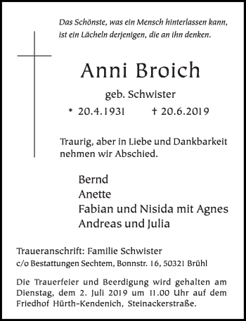 Anzeige von Anni Broich von  Wochenende  Schlossbote/Werbekurier 