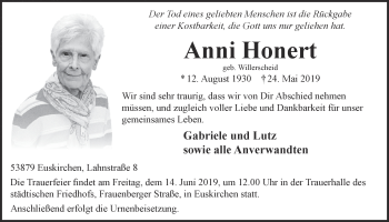 Anzeige von Anni Honert von  Blickpunkt Euskirchen 