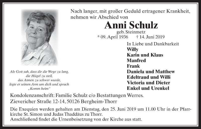  Traueranzeige für Anni Schulz vom 19.06.2019 aus  Werbepost 
