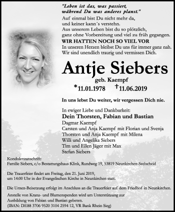 Anzeige von Antje Siebers von Kölner Stadt-Anzeiger / Kölnische Rundschau / Express