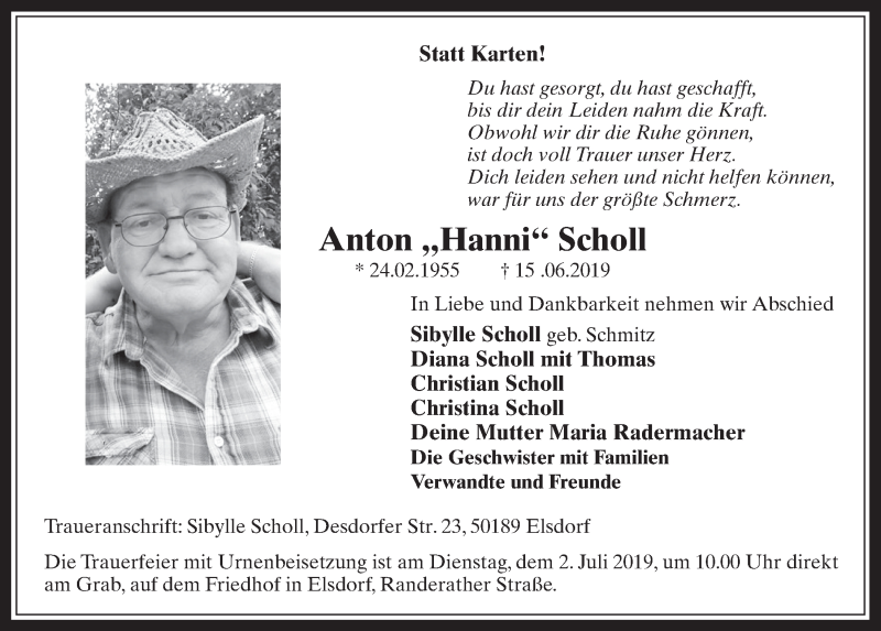  Traueranzeige für Anton Scholl vom 26.06.2019 aus  Werbepost 