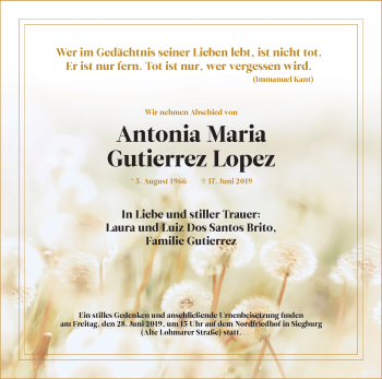 Anzeige von Antonia Maria Gutierrez Lopez von Kölner Stadt-Anzeiger / Kölnische Rundschau / Express