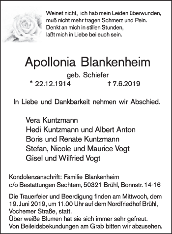 Anzeige von Apollonia Blankenheim von  Schlossbote/Werbekurier 