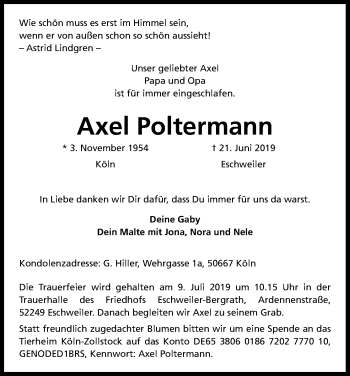 Anzeige von Axel Poltermann von Kölner Stadt-Anzeiger / Kölnische Rundschau / Express