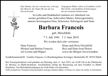 Anzeige von Barbara Francois von Kölner Stadt-Anzeiger / Kölnische Rundschau / Express