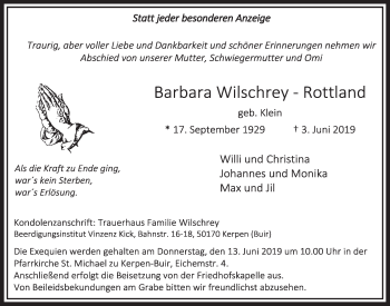 Anzeige von Barbara Wilschrey-Rottland von  Sonntags-Post 