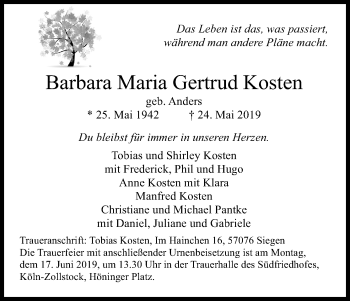 Anzeige von Barbara Maria Gertrud Kosten von Kölner Stadt-Anzeiger / Kölnische Rundschau / Express