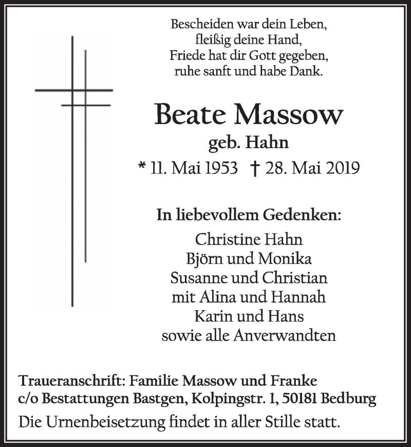  Traueranzeige für Beate Massow vom 08.06.2019 aus  Sonntags-Post 