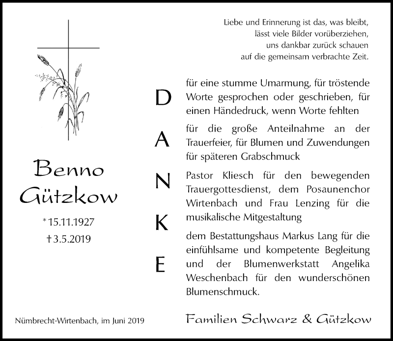  Traueranzeige für Benno Gützkow vom 19.06.2019 aus  Lokalanzeiger 