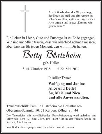 Anzeige von Betty Blatzheim von  Sonntags-Post 