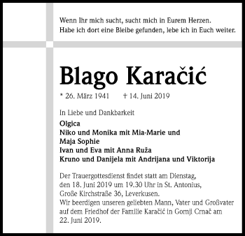 Anzeige von Blago Karacic von Kölner Stadt-Anzeiger / Kölnische Rundschau / Express