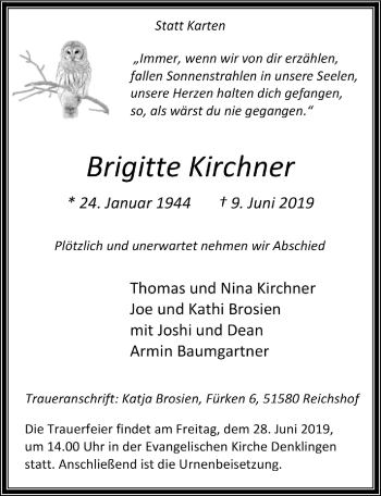 Anzeige von Brigitte Kirchner von  Anzeigen Echo  Lokalanzeiger 