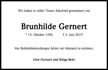 Anzeige von Brunhilde Gernert von Kölner Stadt-Anzeiger / Kölnische Rundschau / Express