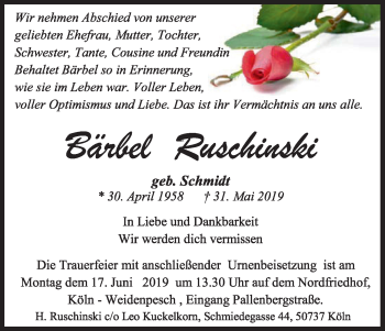 Anzeige von Bärbel Ruschinski von Kölner Stadt-Anzeiger / Kölnische Rundschau / Express