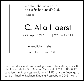 Anzeige von C. Alja Haerst von Kölner Stadt-Anzeiger / Kölnische Rundschau / Express