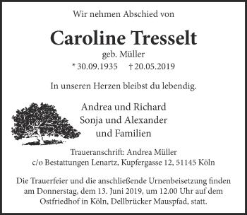 Anzeige von Caroline Tresselt von  Kölner Wochenspiegel 
